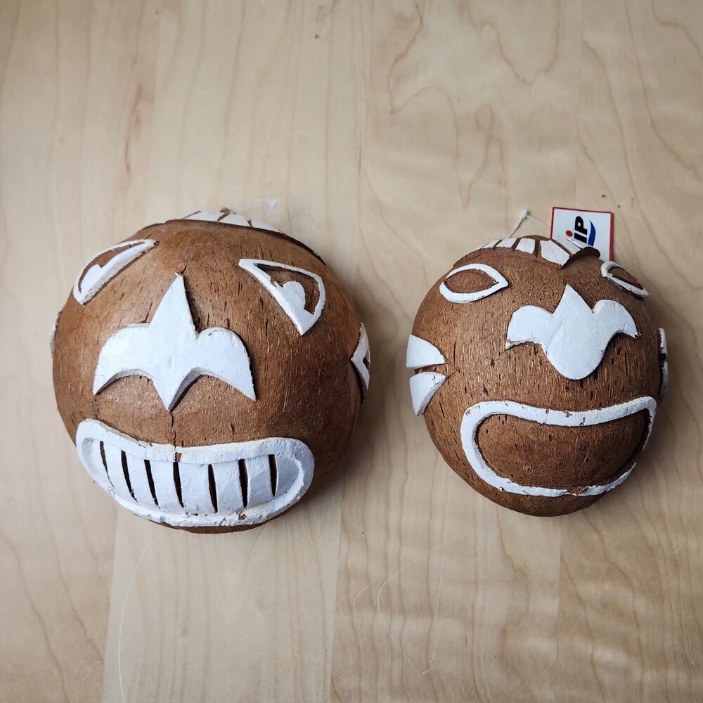 Set of 2 Carved Coconut Shell Head Face Wall Hanging Tiki Bar Folk Art Decor